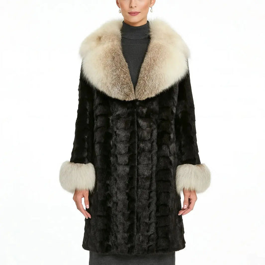 long mink fur black coat with big furry fox fur collar and cuffs overcoat length 95 cm 241205