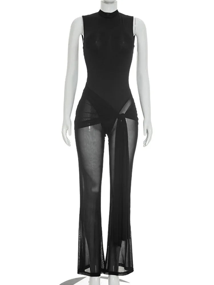 Sibybo Sleeveless Sheer Mesh Patchwork Women Jumpsuit Black Backless Ribbons High Stretch Bodycon Rompers Female Party Clubwear