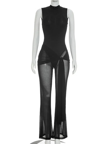Sibybo Sleeveless Sheer Mesh Patchwork Women Jumpsuit Black Backless Ribbons High Stretch Bodycon Rompers Female Party Clubwear