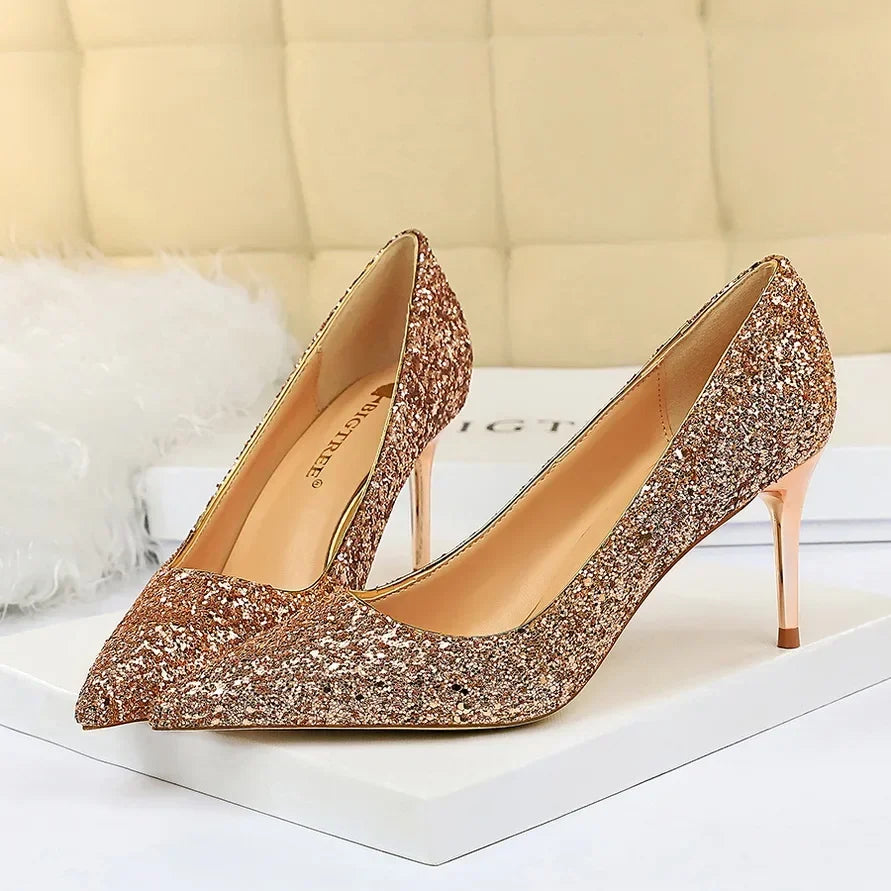 Women Luxury Bling Red  Blue Valentine Party Scarpins Pumps Lady Glitter Sequins 7cm 9.5cm High Heels Designer Shoes Plus Size