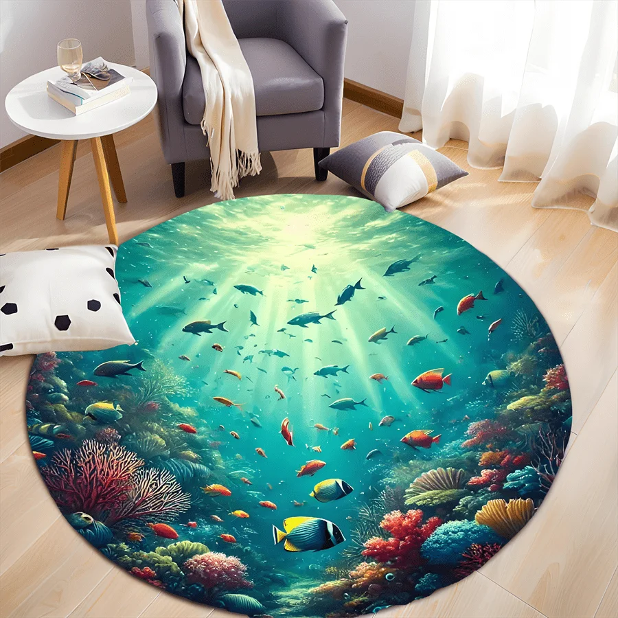 Underwater Coral Reef Fish Round Rug Ocean Marine Life Decor Soft Flannel Living Room Bedroom Bathroom Floor Mat Carpet