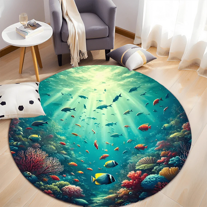 Underwater Coral Reef Fish Round Rug Ocean Marine Life Decor Soft Flannel Living Room Bedroom Bathroom Floor Mat Carpet
