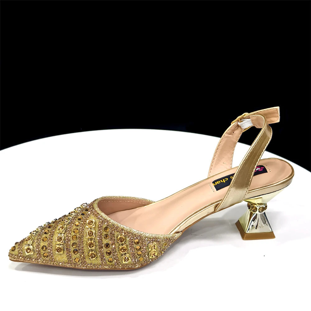 2025 Shiny Italian Fashion Pointed Toe Women Heel Fashion Rhinestone Decoration Fuchsia Color Shoes And Bag Set