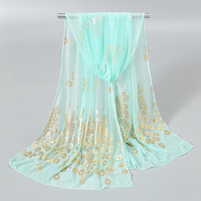 Women Glitter Thin Muffler Solid Color  Elegant Hijab Scarf Chiffon Long Scarves Gold Peacock Print Wrap Shawl Georgette Scarf