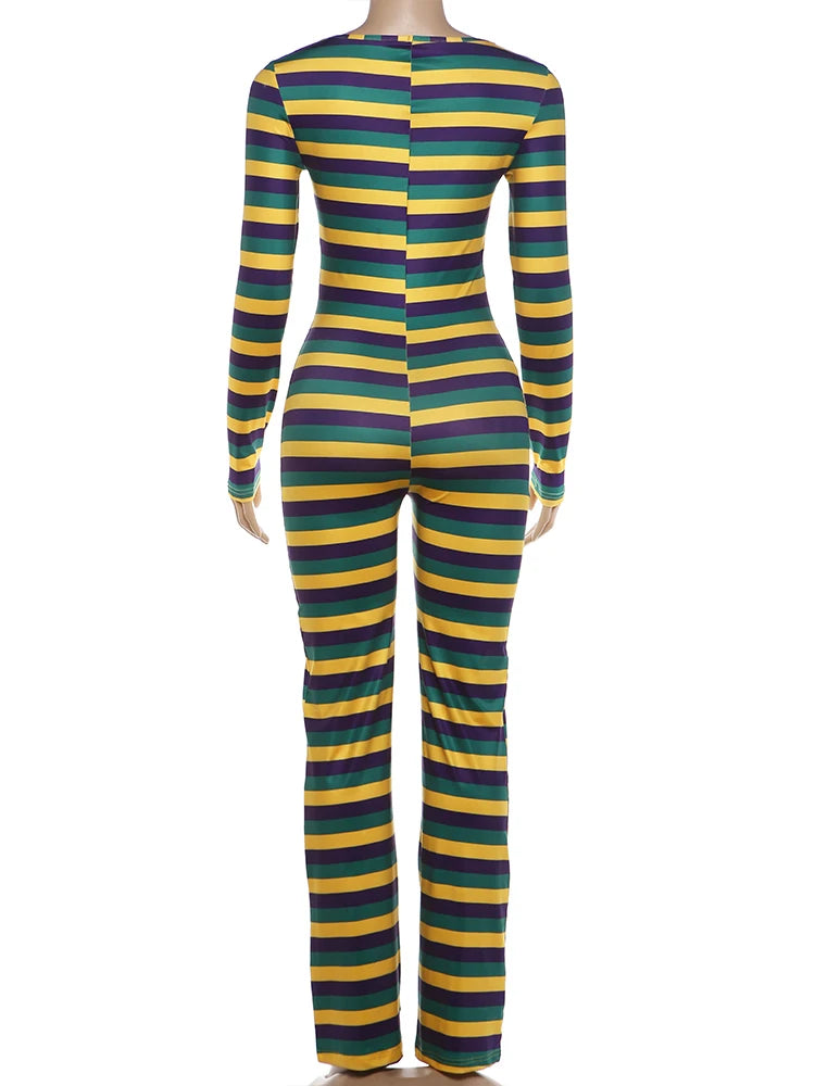 Nibber Chic Collar Full Jumpsuits Women's Autumn Trend Square Sleeve Stripe Patchwork Skinny Stretch High Street Style Overalls