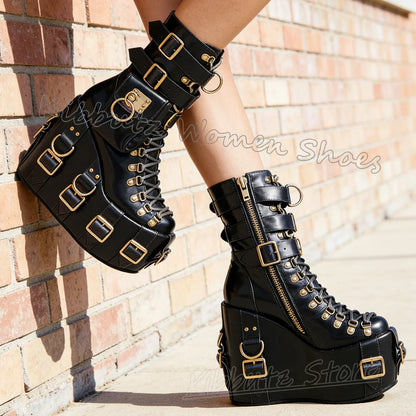 Platform Ankle Boots Belt Buckle Button Lace-Up Women Shoes Round Toe Wedges Solid Color Fashion Luxury Elegant Concise Sexy New