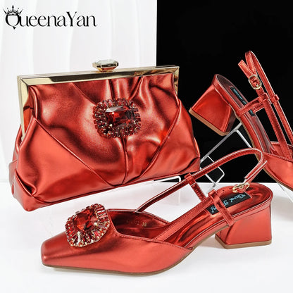 Queena Yan 2025 Nigerian Banquet Shoes and Bag Set Fashion Ladies Matching Shoes and Bag High Heels Wedding Party Coffee Color