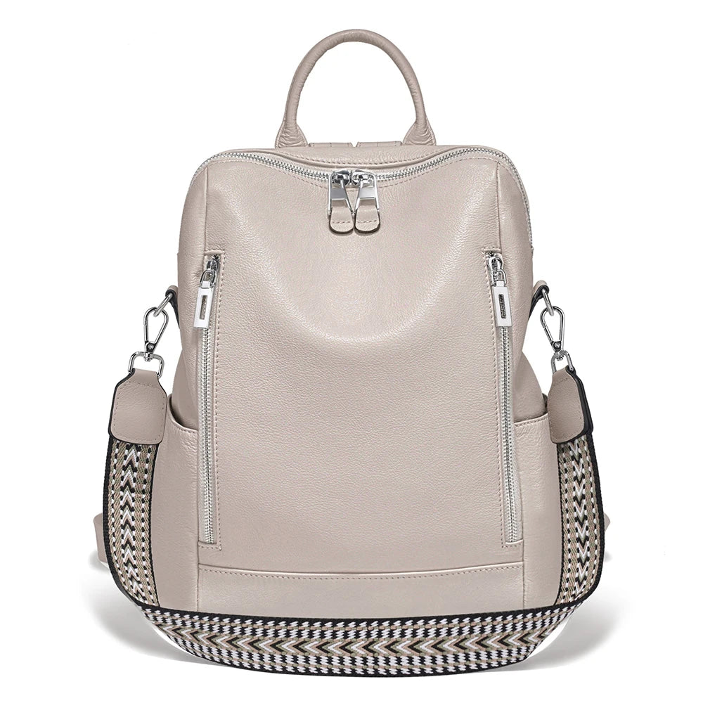 Zency Fashion Genuine Leather Backpack Knapsack Multi-pocket Day Pack Travel Convertible Shoulder Bag for Fall Winter Commuter