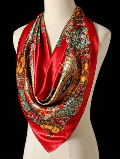 1pc Bohemian Print Faux Silk Satin Scarf Square Hijab New Elegant Floral Women Bandana Shawl Breathable Versatile Scarves