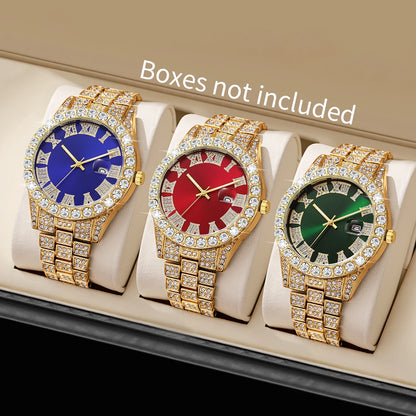 3PCS/Set Fashion Men Watches Luxury Rhinestone Roma Dial Quartz Watch Calendar Clock for Man Gifts Reloj Hombre（Without Box）
