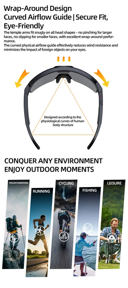 Smart Glasses with 4K HD Anti-Shake Camera & 3D Stereo Speakers Polarized UV400 Sport Sunglasses Bluetooth AI Outdoors Video POV