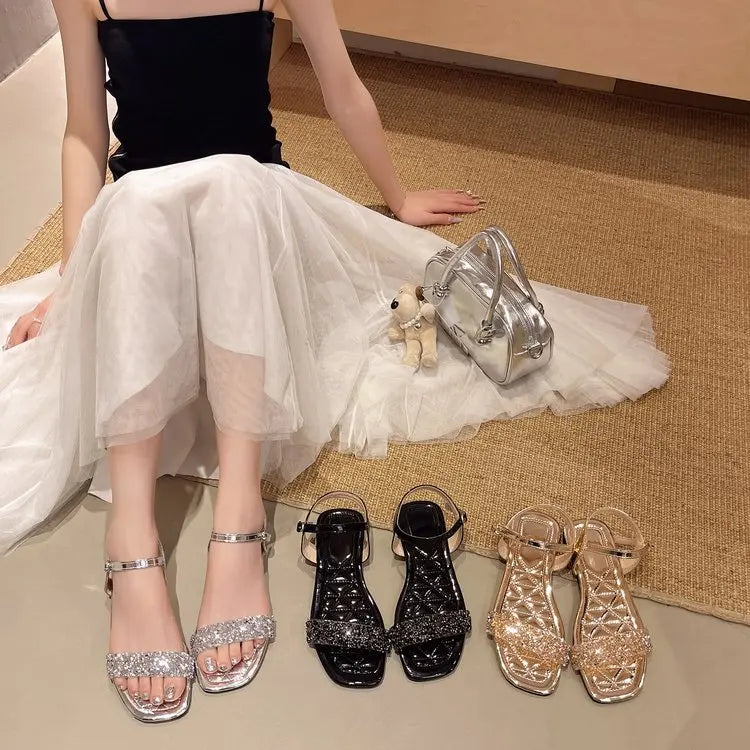 Luxury Crystal Square Toe Sandals Elegant Peep Toe Flat Slides Summer Fashionable Beach Shoes for Women