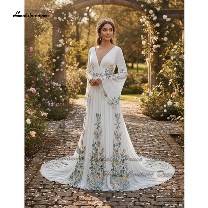 Lakshmigown Floral Lace Bohemian Wedding Dress Corset Chiffon Long Sleeve Bride Gowns White Beach Bridal Dresses 2026 Customized