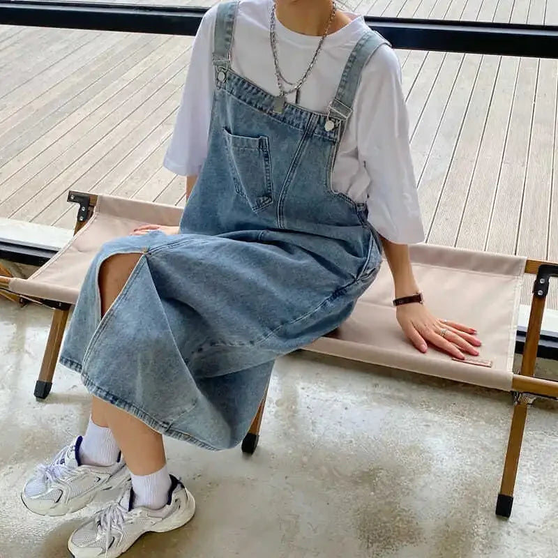 Korean style Denim Overall Dress Women Sleeveless Jeans Dresses Female Solid Slip Casual Loose Spaghetti Strap Dresses