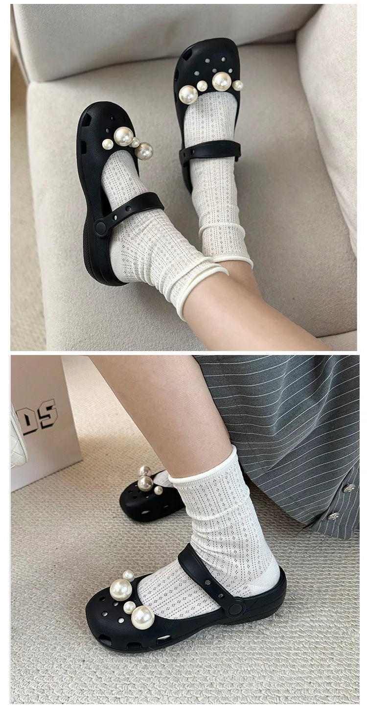 Clogs Summer Slippers Women Luxury Pearl Metal Flower Mary Janes Designer Ballet Shoes Girls Corc Charms Sandals Indoor Outdoor