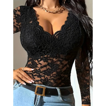 Women Lace V Neck Long Sleeve Sheer Mesh Floral Lace Top Slim Fit See Through Bodycon Jumpsuit for Party Clubwear Daily Wear