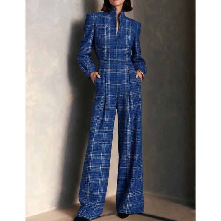 Temperament Plaid Printed Jumpsuit For Women Spring Autumn Fashion High Waist Wide Leg Romper Ladies Casual Jumpsuit With Pocket