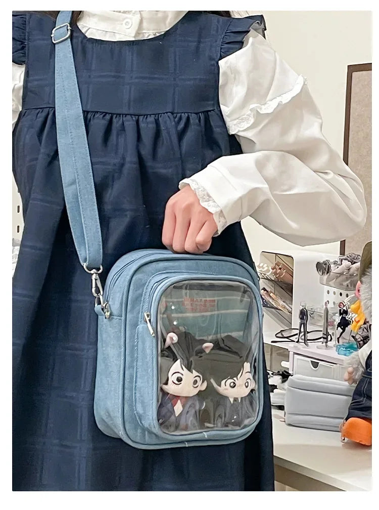 New Denim Ulzzang Ita Bags Female Transparent Badge Doll Show Crossbody Shoulder Bag Individuality Designer 2 Sides Bolso Mujer