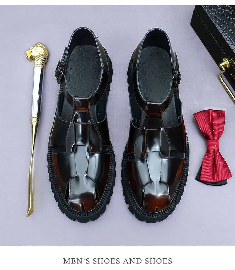 4.5Cm Thick Sole Heightening Sandals Men's Glossy Cowhide Buckle Business Casual British Genuine Leather Summer Sandals for Men