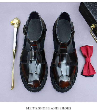 4.5Cm Thick Sole Heightening Sandals Men's Glossy Cowhide Buckle Business Casual British Genuine Leather Summer Sandals for Men