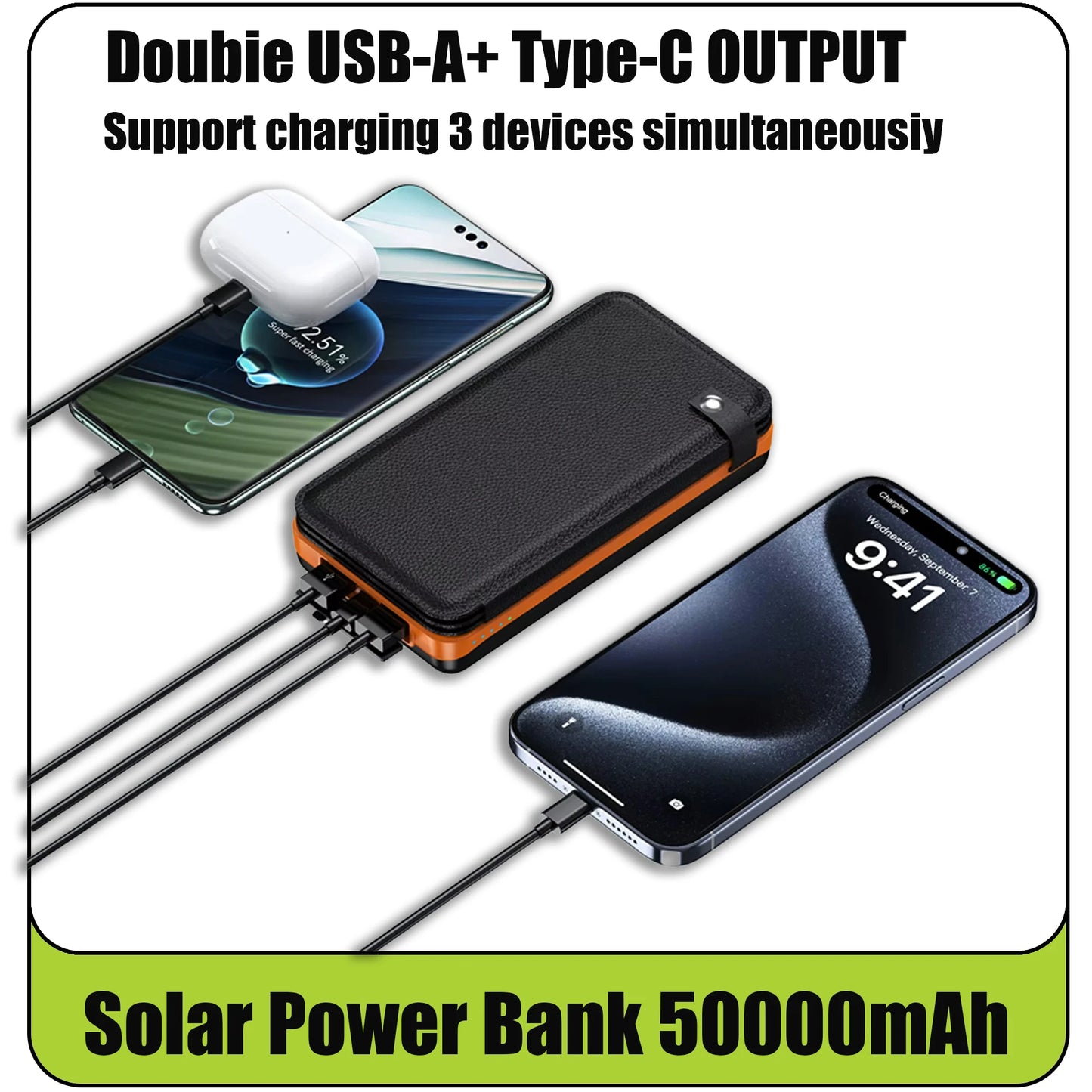 50000mAH Solar Power Bank Folding Solar Panels 5V 2A USB Output Portable Outdoor Camping Sun Power For IPhone Android