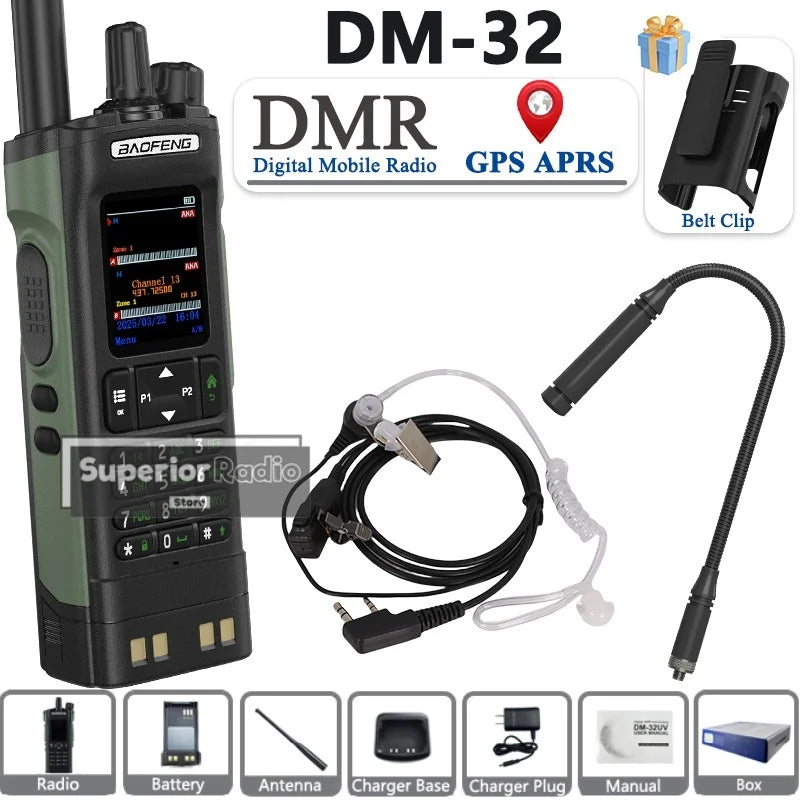 BAOFENG DM-32 Walkie Talkie with Belt Clip Hoster DMR Digital Radio GPS APRS Dual Mode Analog 999 Channel Type-C Dual Time Slots