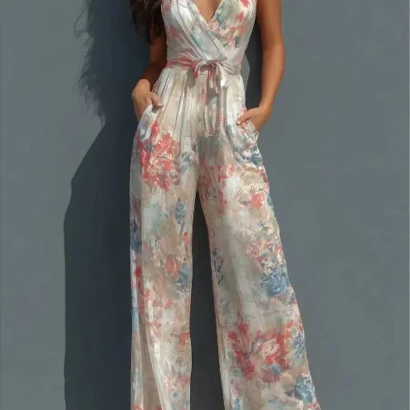 Women Sexy Print V Neck Sleeveless Jumpsuit Summer Casual High Waist Wide Leg Romper With Pockets Holiday party style jumpsuit