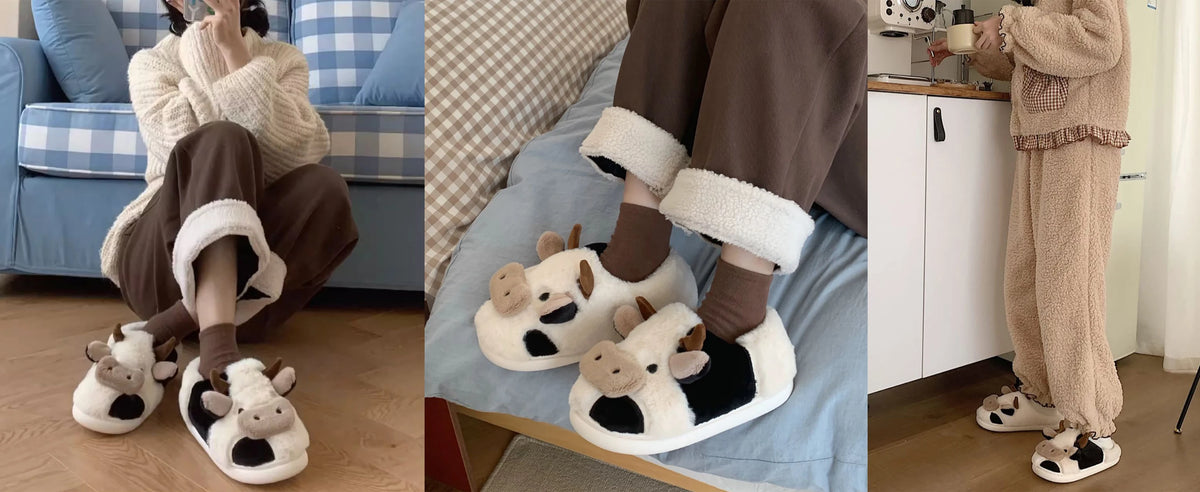 Shevalues Plush Cartoon Milk Cow Slippers Winter Women Slippers Furry Non-Slips Women Cotton Slides Couples Soft Cozy Flat Shoes