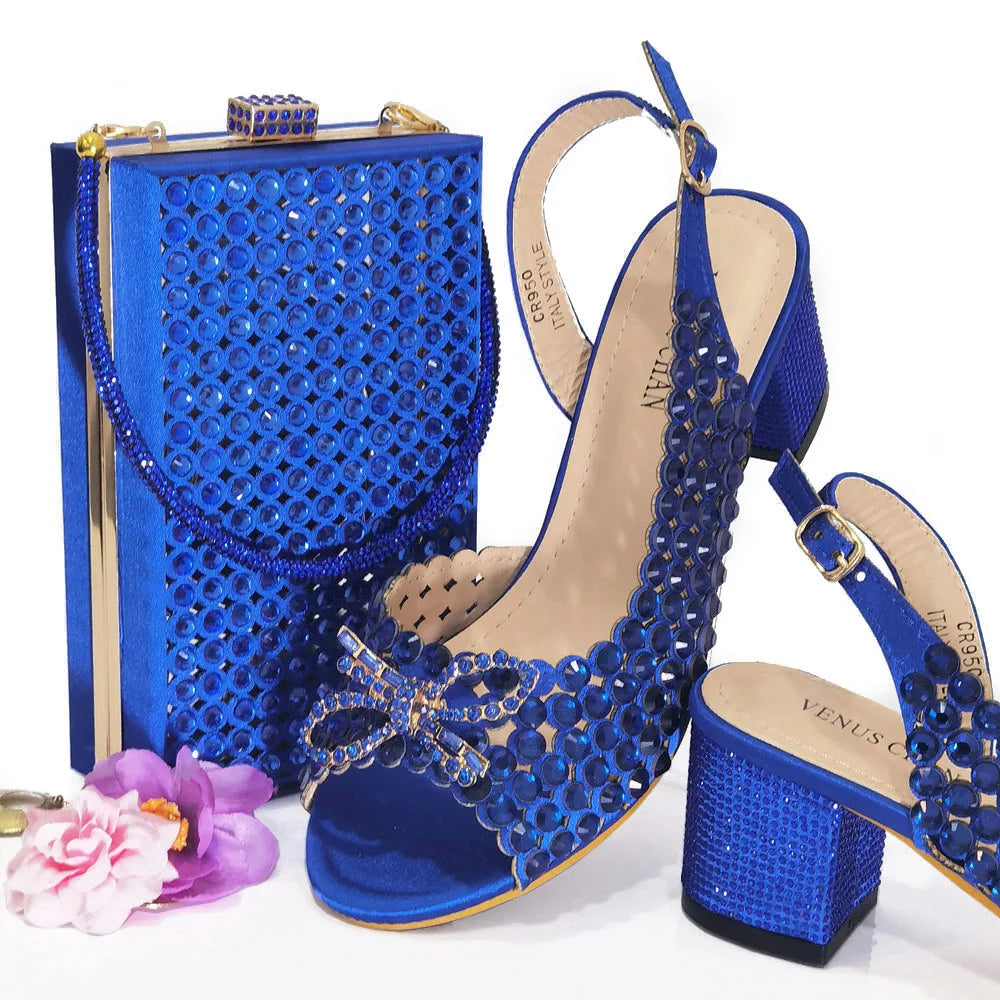 2024 New Italian Design Full Drill Elegant Wine Evening High Heels Wedding Party Shoes Matching Clutch Handbag