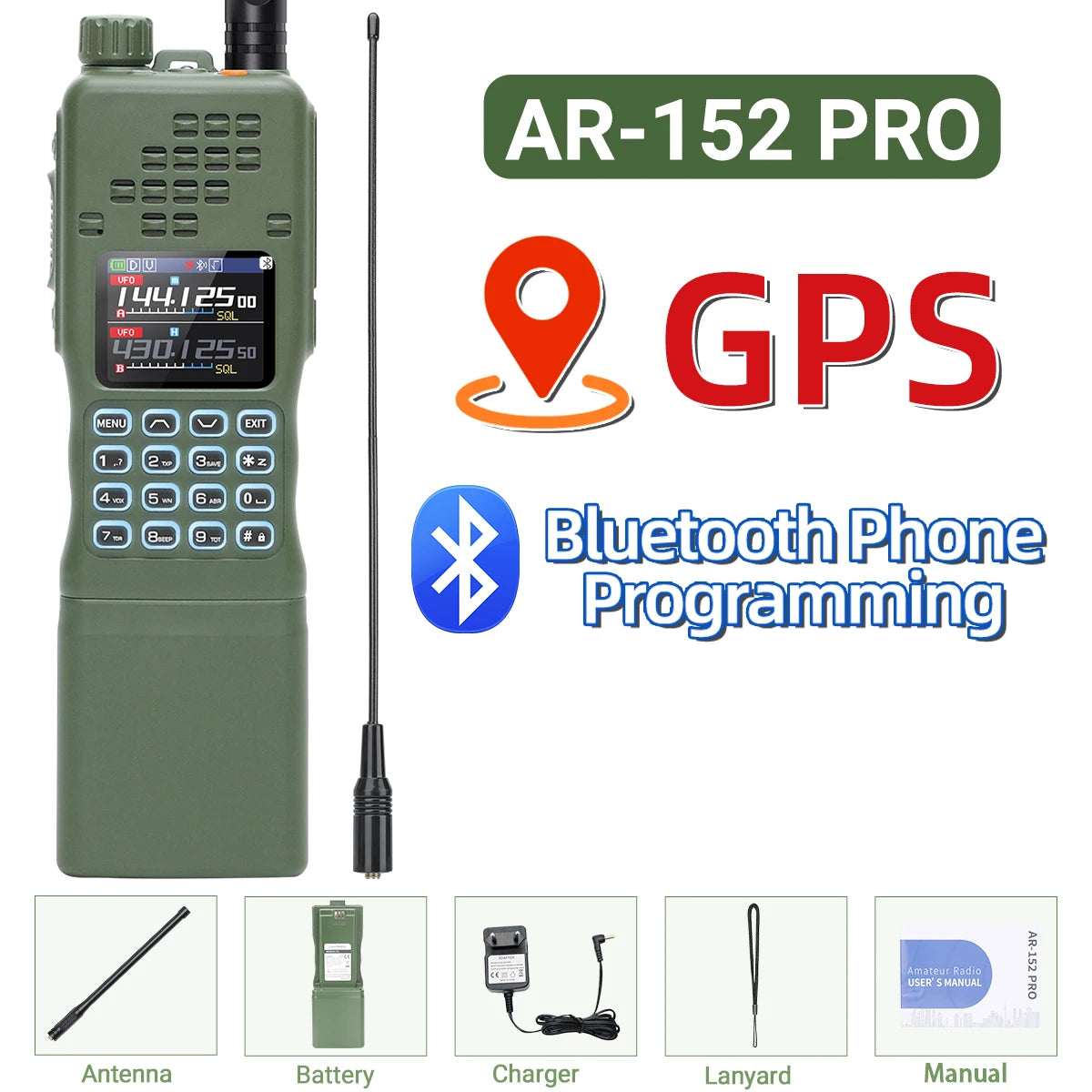 BAOFENG AR-152 PRO GPS Walkie Talkie  Long Range Bluetooth Programming 10W Multi Band 12000mAh Tactial 1000CH Two Way Ham Radio