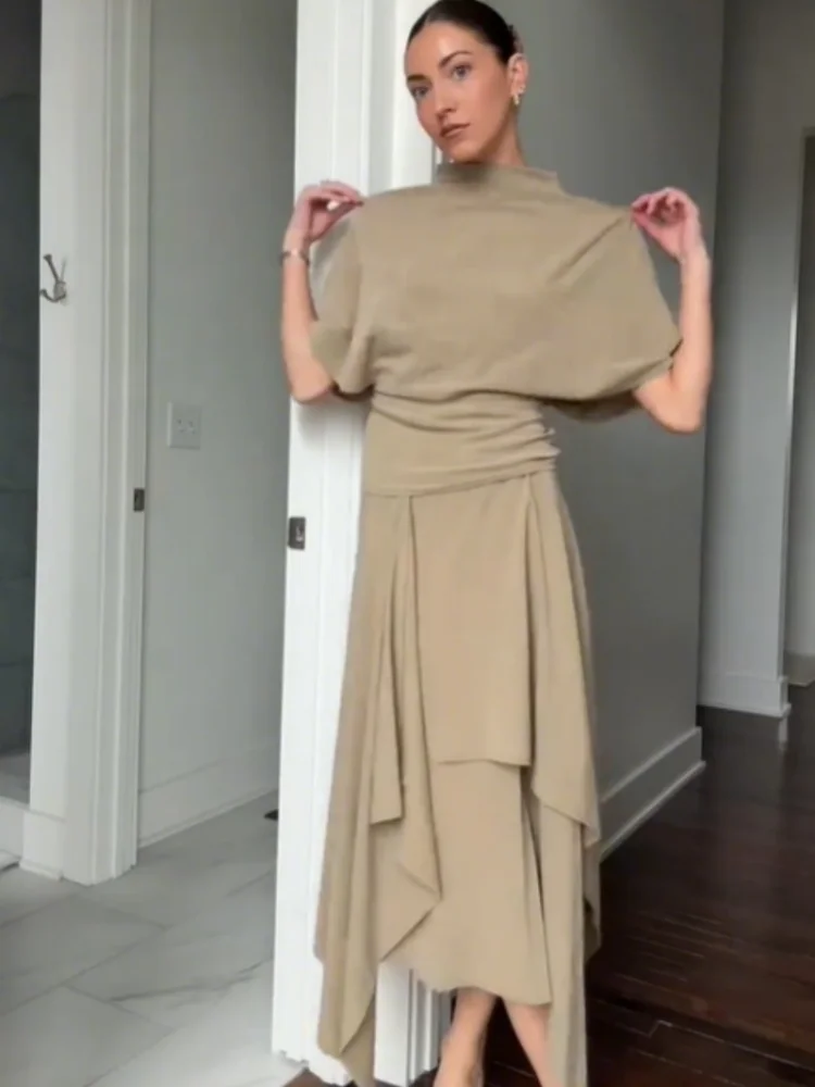 Fashion Elegant Casual Top Skirt Sets High Neck Loose Crop Shirt Irregular Pleated Hem Long Skirt 2026 New Lady Commuter Outfits