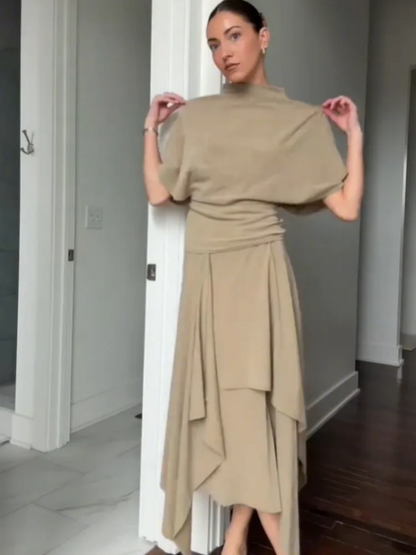Fashion Elegant Casual Top Skirt Sets High Neck Loose Crop Shirt Irregular Pleated Hem Long Skirt 2026 New Lady Commuter Outfits