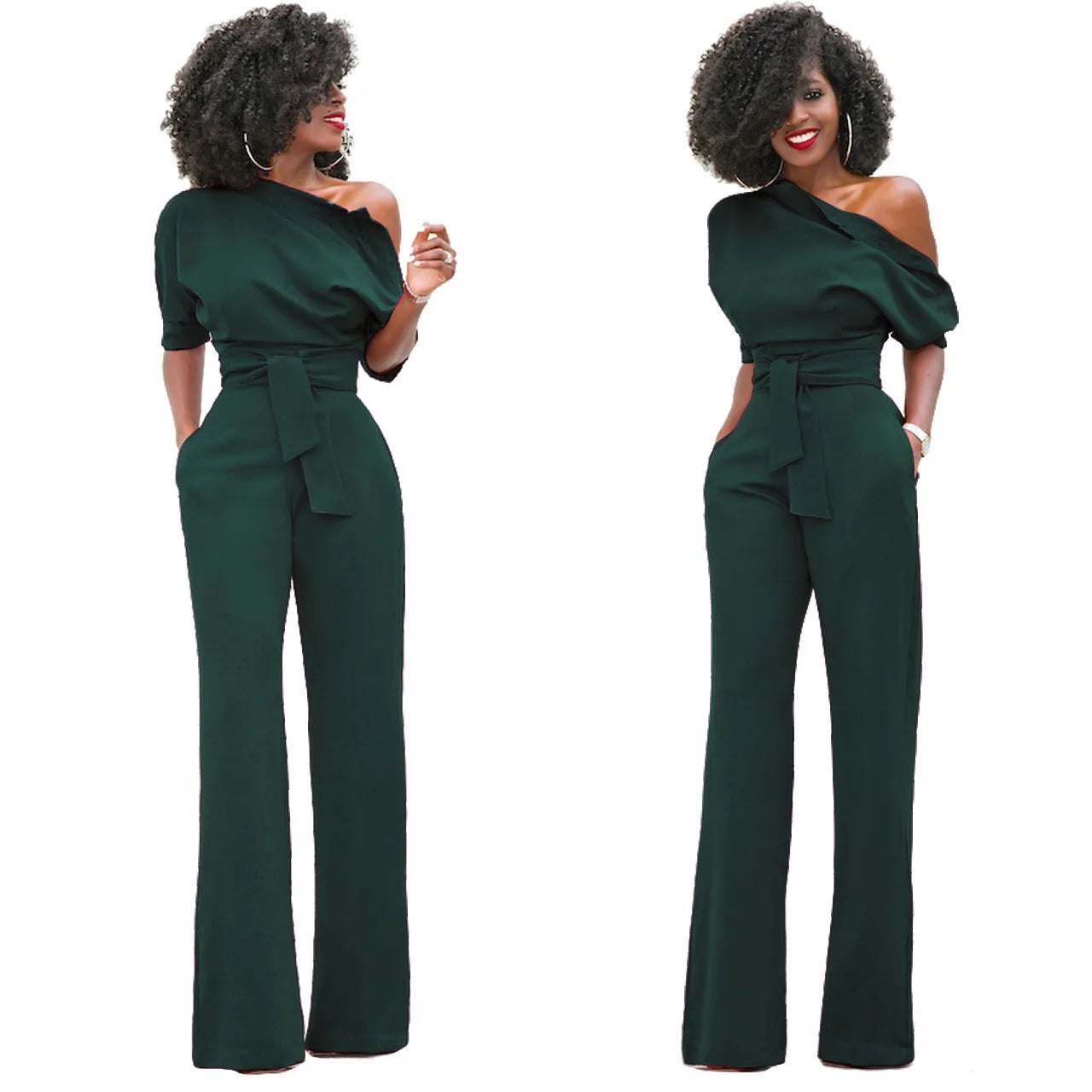2024 Summer New Fashion Women's Jumpsuit Solid Color Slanted Shoulder Elegant Temperament Sleeveless Long Wide Leg Jumpsuit