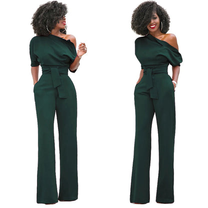 2024 Summer New Fashion Women's Jumpsuit Solid Color Slanted Shoulder Elegant Temperament Sleeveless Long Wide Leg Jumpsuit