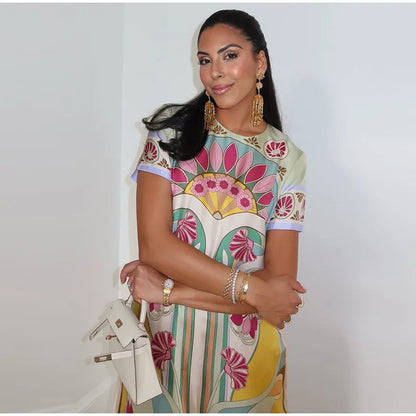 Women Art Floral Print Feather Hem Maxi Dress Short Sleeve Crew Neck Loose Fit Dresses 2026 Summer Fashion Elegant Lady Outwear