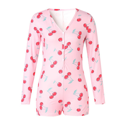 Combhasaki Women's Sexy High Waist Functional Buttoned Flap OnesEies Casual Pattern Print Romper Long Sleeve Playsuit Homewear