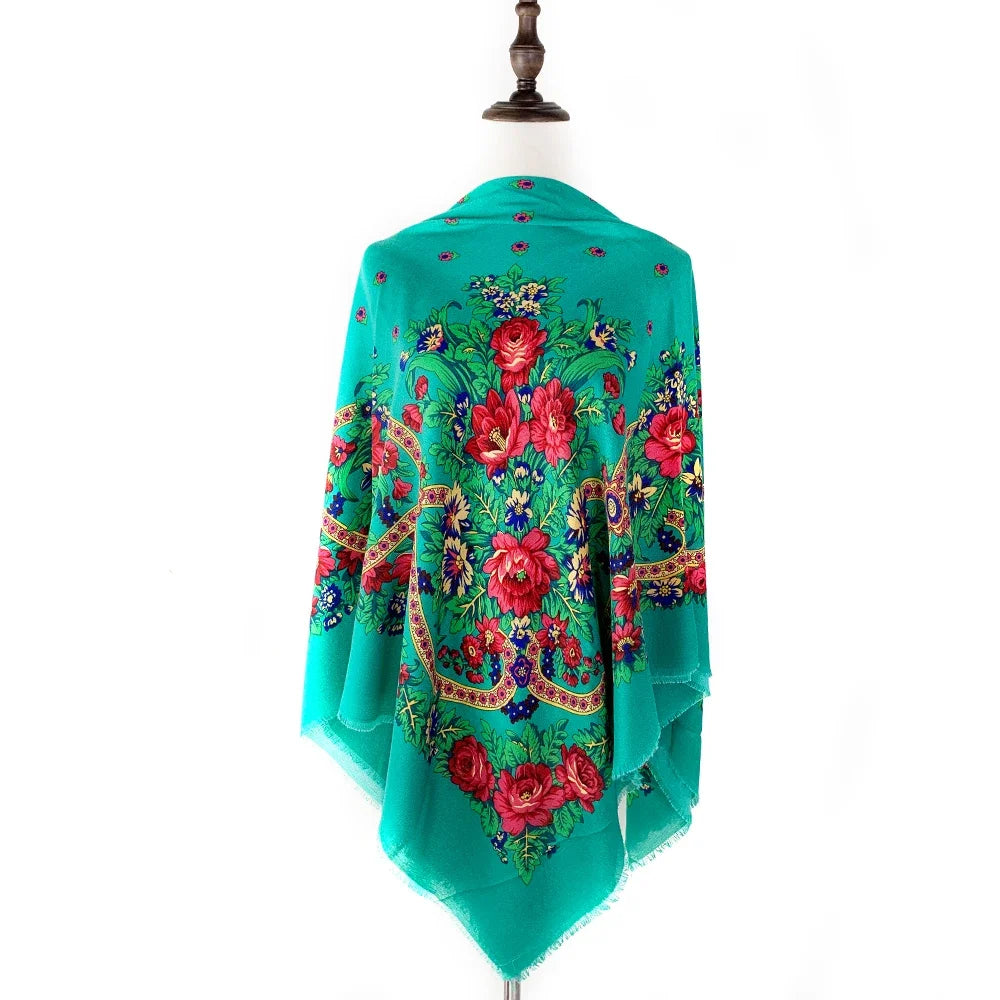 130*130cm Breathable Thin Russian Square Scarf Women Luxury Floral Print Ethnic Retro Bandana Shawl Foulard Femme Beach Stole