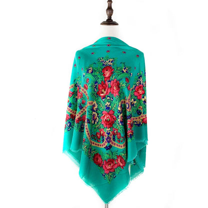 130*130cm Breathable Thin Russian Square Scarf Women Luxury Floral Print Ethnic Retro Bandana Shawl Foulard Femme Beach Stole