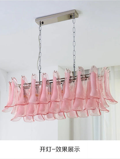 French Murano Petal Glass Chandelier Dining Table Living Room Antique Style Pink Petal Glass Pendant Chandelier Lights Bedroom
