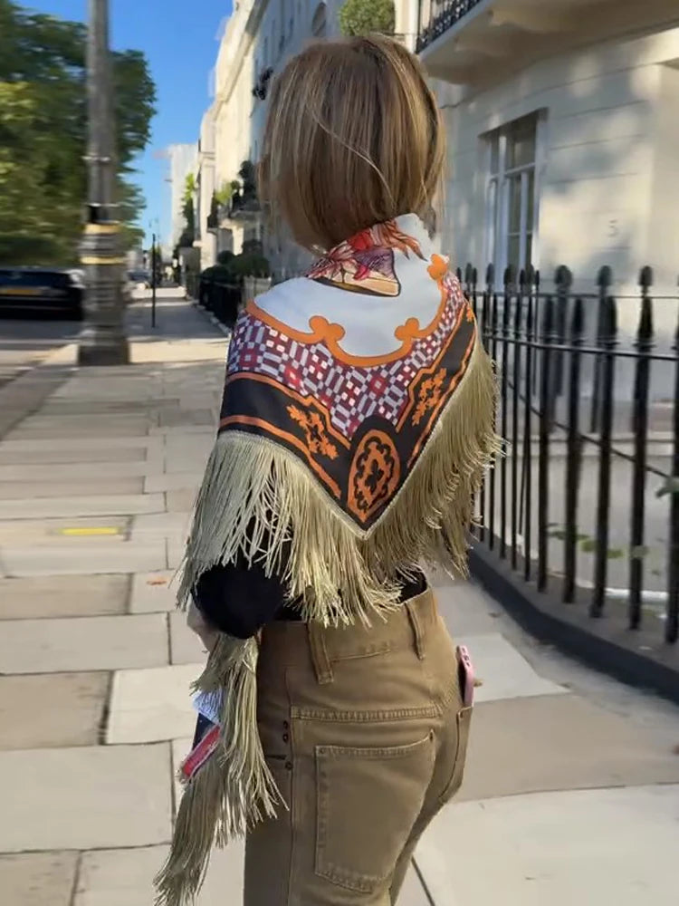 Fashion Vintage Printed Tassel Square Scarf Women Fringe Patchwork Shawl Waist Seal Accessories 2026 Spring Summer Street Shawls