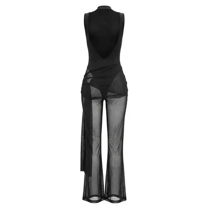 Sibybo Sleeveless Sheer Mesh Patchwork Women Jumpsuit Black Backless Ribbons High Stretch Bodycon Rompers Female Party Clubwear