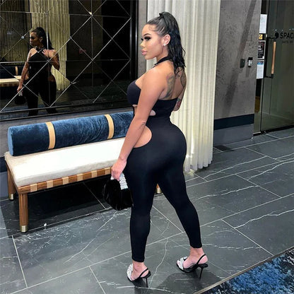 Women Summer Solid Hollow Out Jumpsuit  Sexy Halter Sleeveless Backless Body-Shaping One Piece Rompers Streetwear