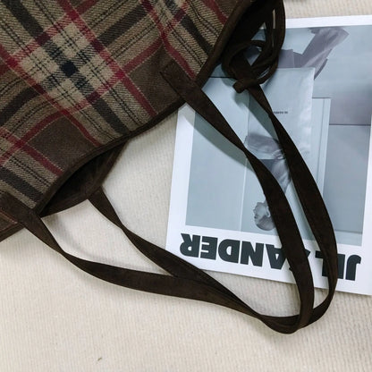 Autumn winter Women's Bag Large-capacity New Vintage Versatile Fashion  Wool Plaid Tote Student Simple Casual Daily