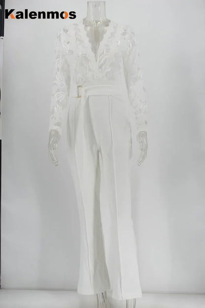 White Jumpsuit Women Overalls Elegant Lace Long One Piece High Waist Feather Y2k Sexy Wedding Party Night Evening Rompers