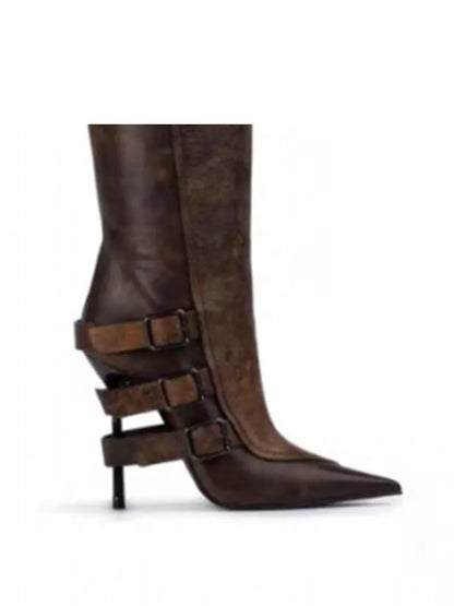 New Belt Buckle Stiletto High Heels Knee Length Boots Autumn/Winter Women's Fashion Pointed Party 34-46 Large Medium Boots