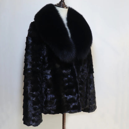 New Women Winter Real Fur Coat Warm Fashion 100% Natural Mink Fur Jacket with Fox Fur Collar Lady Thick Real Mink Fur Overcoat