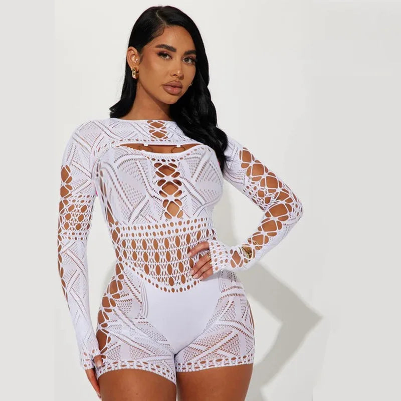 HBLL Sexy Sheer Mesh Playsuit Women Rompers Long Sleeve Hollow Out Skinny Night Club Outfit One Pieces Jumpsuit Shorts Bodysuit