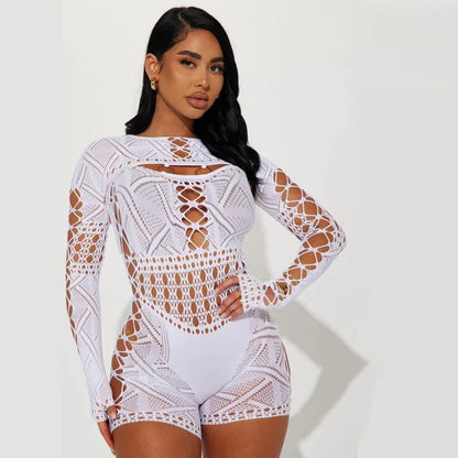HBLL Sexy Sheer Mesh Playsuit Women Rompers Long Sleeve Hollow Out Skinny Night Club Outfit One Pieces Jumpsuit Shorts Bodysuit