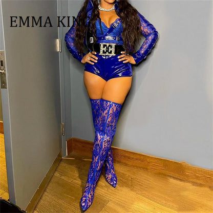 Spring Women Lace With PVC Thigh High Boots Sexy Pointed Toe Stiletto High Heels Transparent Over The Knee Boots Bigger Size 44