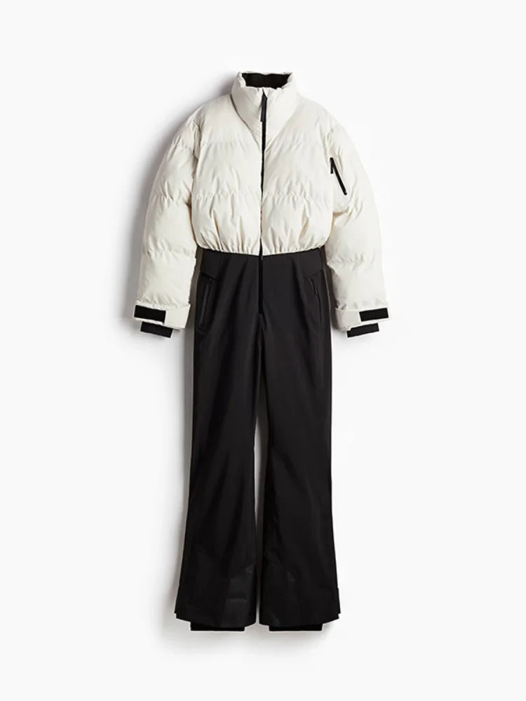 Fashion Hooded One-Piece Ski Jumpsuit Women Stand Collar Zipper High Waist Solid Windproof Outwear 2026 Winter Lady Skiwears New